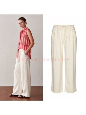 Minimalist | DONNI. Linen Pants | Cream Wide Leg Elastic Waist Drawstring | S